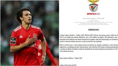 Benfica xác nhận vụ Atletico mua ‘bom tấn’ Joao Felix