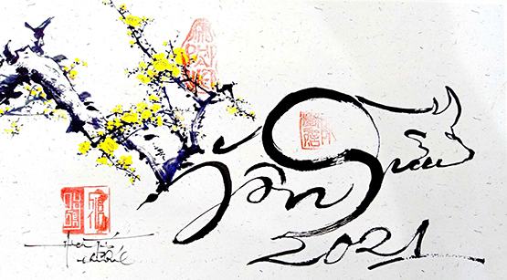 Thư họa “Trâu xuân” của Nguyễn Hiếu Tín