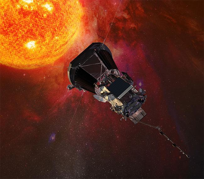 Hình ảnh mô phỏng tàu vũ trụ Parker Solar Probe thực hiện nhiệm vụ nghiên cứu bầu khí quyển của Mặt Trời.