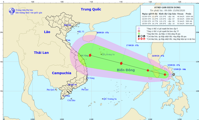 Dự báo hướng di chuyển và vùng ảnh hưởng của áp thấp nhiệt đới. Nguồn: Trung tâm Dự báo Khí tượng Thủy văn Quốc gia.