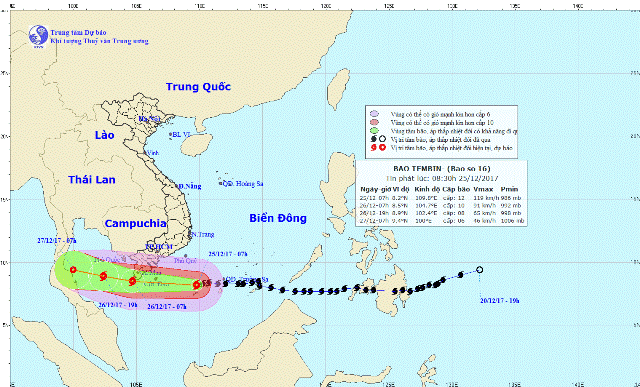 Từ trưa 25/12, bão số 16 gây mưa to, gió giật cấp 13 ở vùng biển phía Nam