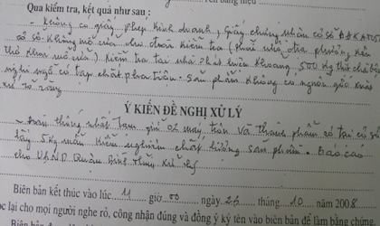 Biên bản vi phạm của cơ sở sản xuất của bà Lê Thị Bích.