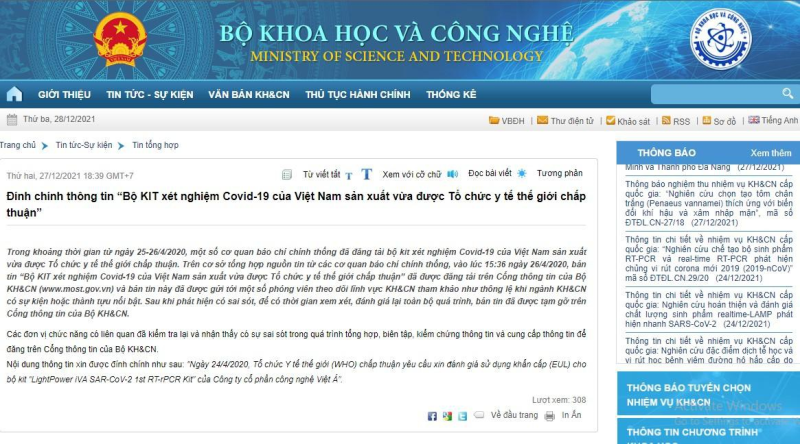 Bộ KH-CN đính chính thông tin ‘bộ kit test Covid-19 của Việt Á được WHO chấp thuận’  - ảnh 1