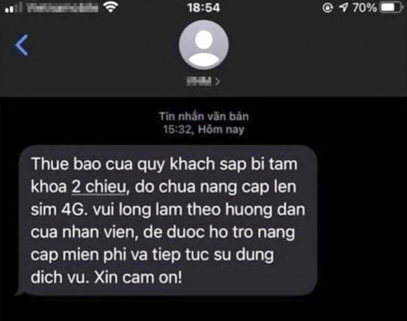 Một tin nhắn giả mạo nhân viên nhà mạng kêu gọi người dùng nâng cấp lên sim 4G. Các chủ thuê bao điện thoại cần hết sức cảnh giác với loại tin nhắn như thế này - Ảnh: Cục CẠnh tranh và Bảo vệ người tiêu dùng cung cấp