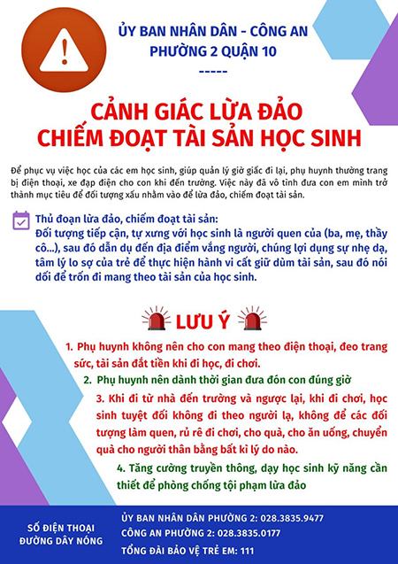 Quận 10 phát cảnh báo về thủ đoạn mới lừa đảo chiếm đoạt tài sản học sinh