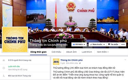 Trang thông tin điện tử Chính phủ có tài khoản trên facebook