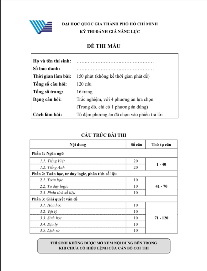 Công bố đề thi mẫu kỳ thi đánh giá năng lực năm 2021 - ảnh 1