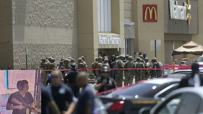 Lực lượng an ninh tại hiện trường vụ xả súng Texas và hình ảnh kẻ tấn công (ảnh nhỏ) /// Reuters