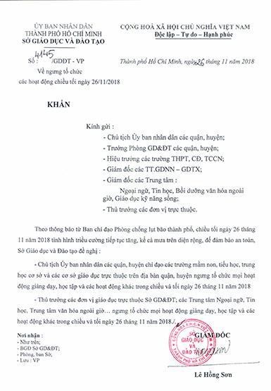 Ngưng tổ chức mọi hoạt động giáo dục chiều, tối ngày 26-11
