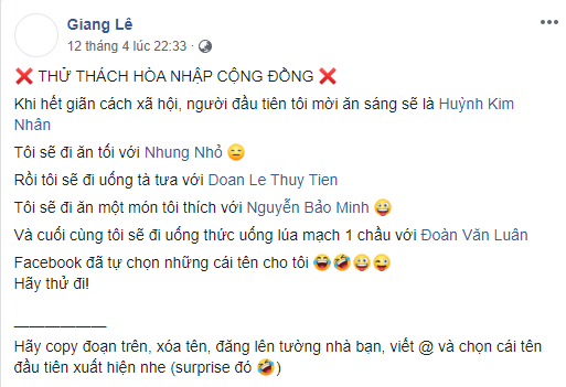 Dân mạng thử thách hết cách ly xã hội, bạn sẽ làm gì đầu tiên?