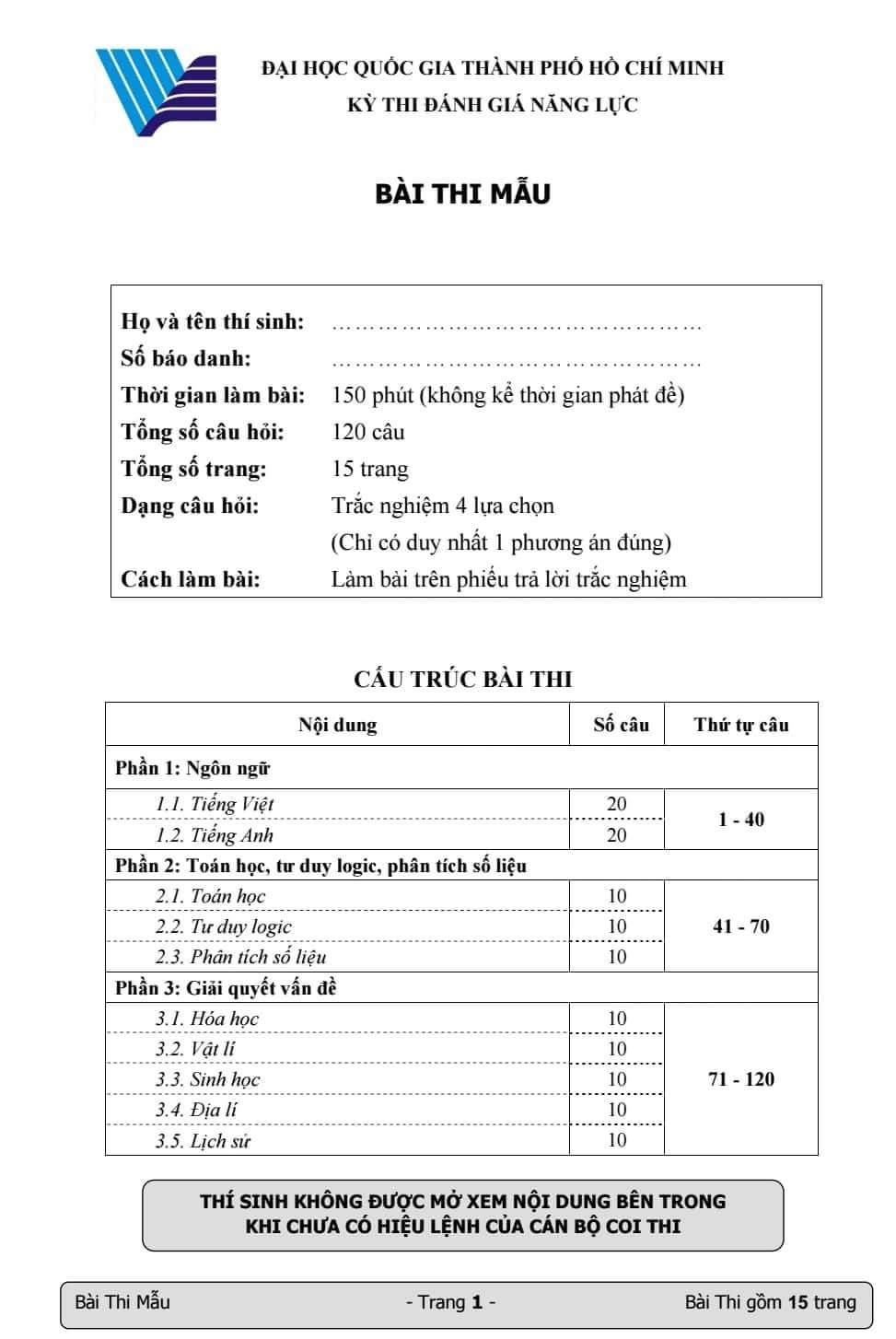 ĐH Quốc gia TP.HCM: Công bố đề thi mẫu đánh giá năng lực 2018