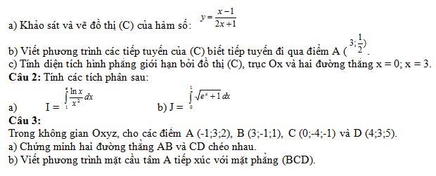 Đề thi môn toán lớp 12 (kỳ 1)