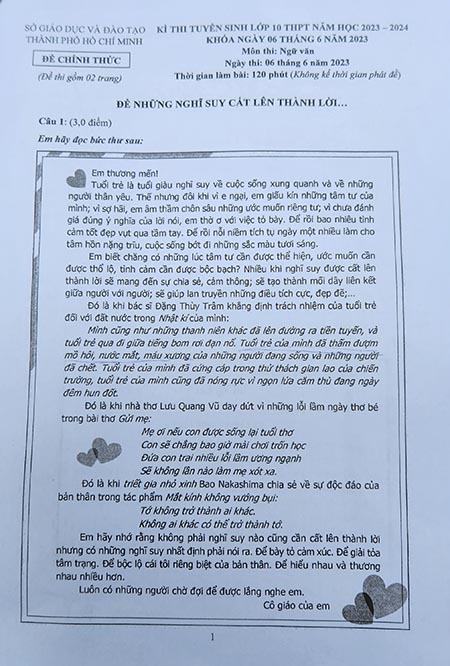 “Để những suy nghĩ cất lên thành lời” vào đề thi ngữ văn lớp 10 TPHCM