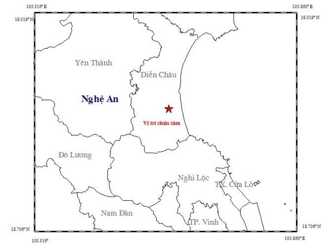 Sơ đồ vị trí xảy ra động đất tại huyện Diễn Châu, Nghệ An - Ảnh: Trung tâm báo tin động đất và cảnh báo sóng thần