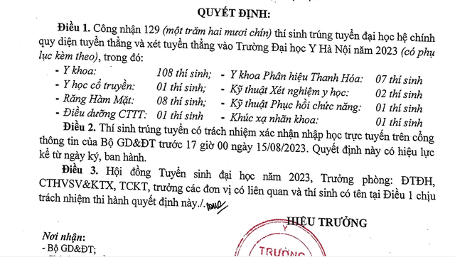 Thí sinh trúng tuyển diện tuyển thẳng chỉ chính thức trúng tuyển khi nhập học