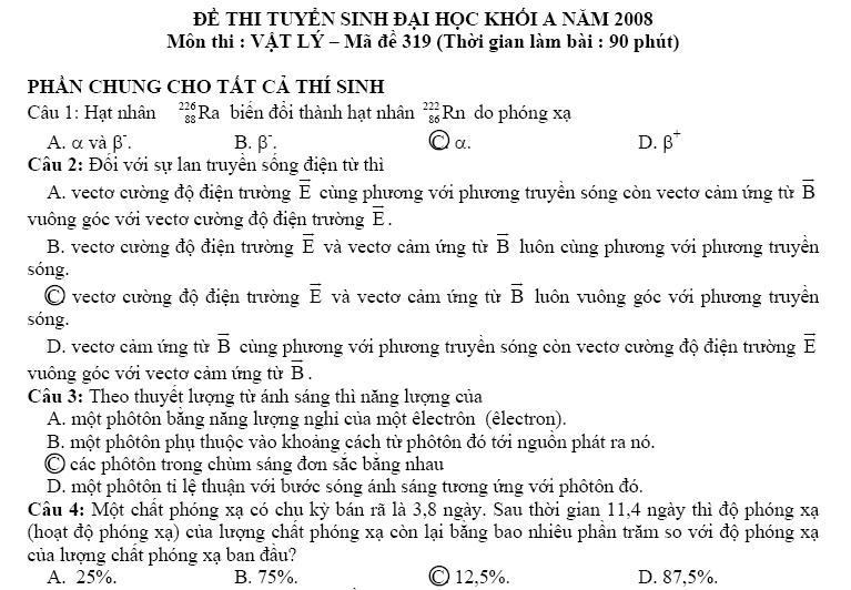 Gợi ý giải đề thi môn Vật Lý Khối A