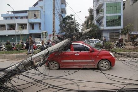 Hà Nội: Cột điện đổ đè trúng ô tô