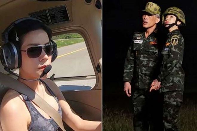 Bà Sineenat lái máy bay dân dụng (trái) và bên cạnh Quốc vương Vajiralongkorn /// Hoàng gia Thái Lan/AFP