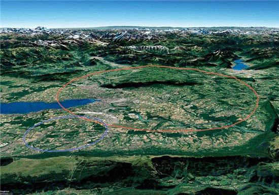 Máy gia tốc hạt mới có thể đặt trong đường hầm vòng tròn 100km (đỏ) gần LHC của CERN