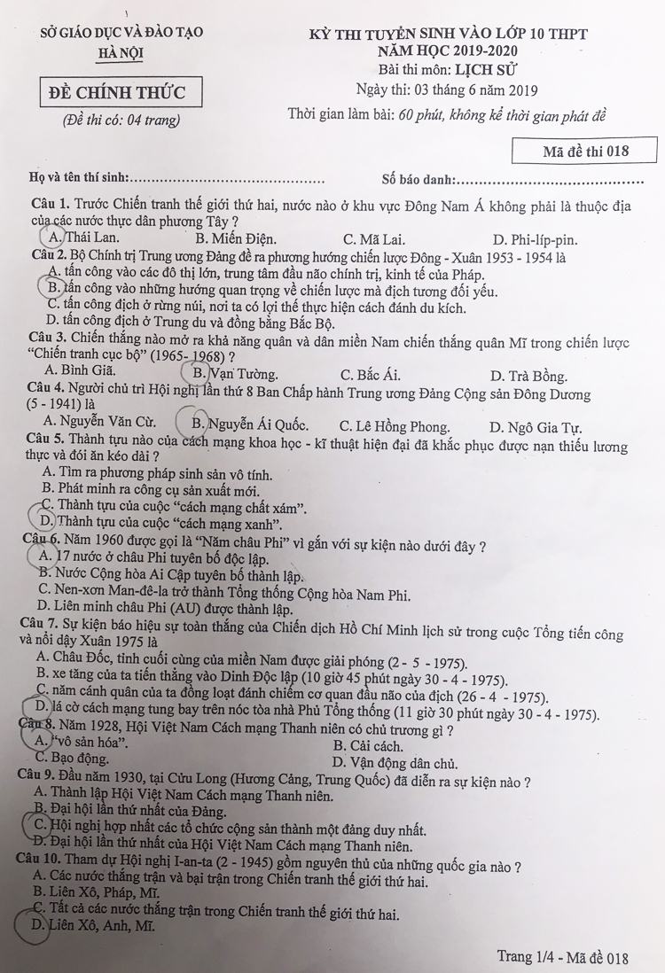 Gợi ý giải đề thi tuyển sinh lớp 10 môn Lịch sử tại Hà Nội