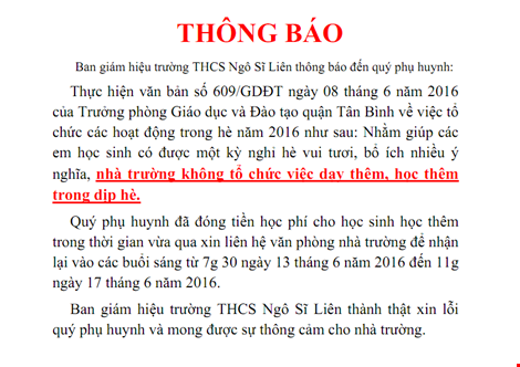 Phụ huynh bất ngờ vì nhà trường trả lại tiền dạy thêm, học thêm