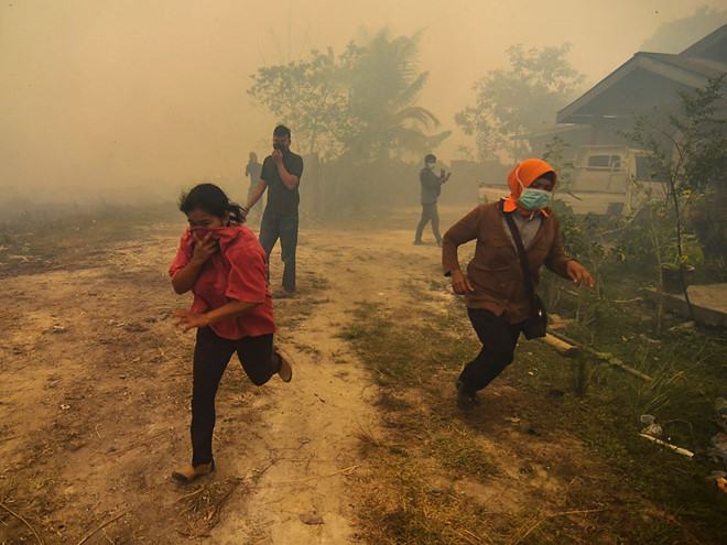 Người dân tháo chạy tránh cháy rừng tại tỉnh Riau, Indonesia /// AFP