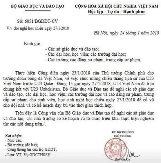 Giả mạo công văn Bộ GD- ĐT cho học sinh nghỉ học xem đá banh