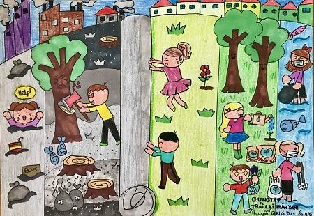 Học sinh truyền tải thông điệp bảo vệ môi trường qua tranh