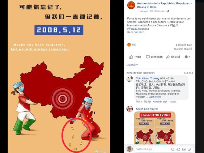 Hình ảnh “đường lưỡi bò” trên trang Facebook của Đại sứ quán Trung Quốc tại Ý /// Chụp màn hình
