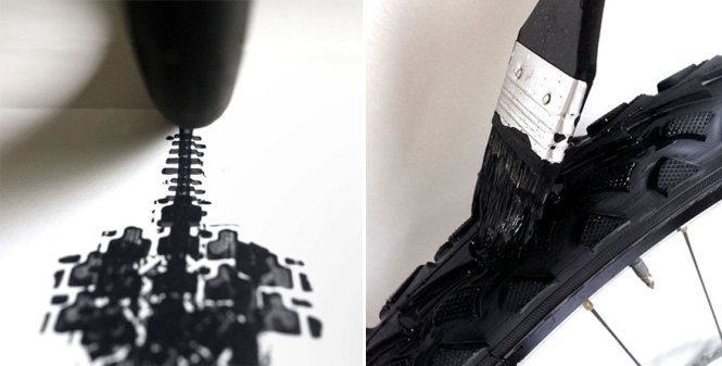 “Vẽ” tranh bằng… lốp xe đạp