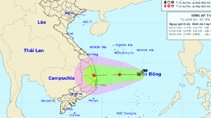 Vùng áp thấp trên Biển Đông đang có xu hướng mạnh lên thành áp thấp nhiệt đới và hướng vào các tỉnh Trung bộ /// Ảnh Trung tâm Dự báo khí tượng thủy văn quốc gia