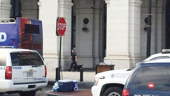 Xe cảnh sát, cứu thương, cứu hỏa, chó nghiệp vụ đổ tới nhà ga Union Station sau báo động bom /// Reuters