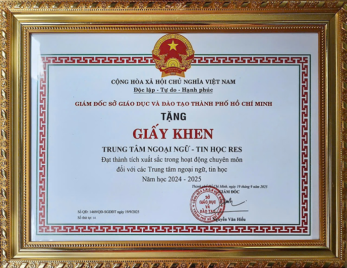 RES tiếp tục nhận giấy khen xuất sắc từ Sở GD-ĐT TP.HCM