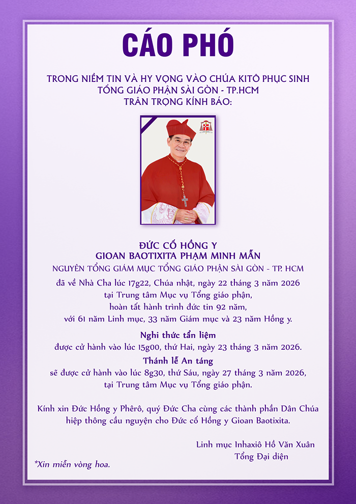 Tổng Giáo phận TP.HCM công bố chương trình tang lễ Đức Hồng y Phạm Minh Mẫn