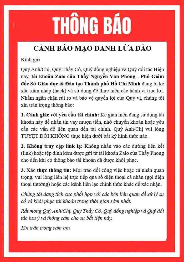 Phó Giám đốc Sở GD-ĐT TP.HCM phát thông báo khẩn do bị mạo danh lừa đảo