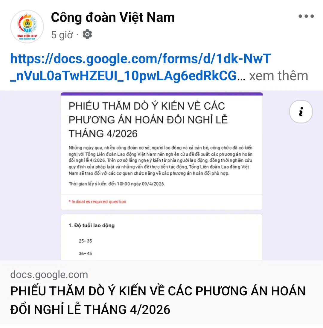 Lấy ý kiến về 3 phương án hoán đổi ngày nghỉ lễ Giỗ tổ Hùng Vương và 30/4 – 1/5