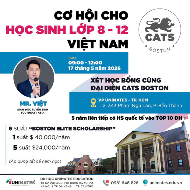 Học sinh Việt có cơ hội nhận học bổng du học Mỹ hơn 1 tỷ đồng mỗi năm tại trường trung học hàng đầu CATS Academy Boston